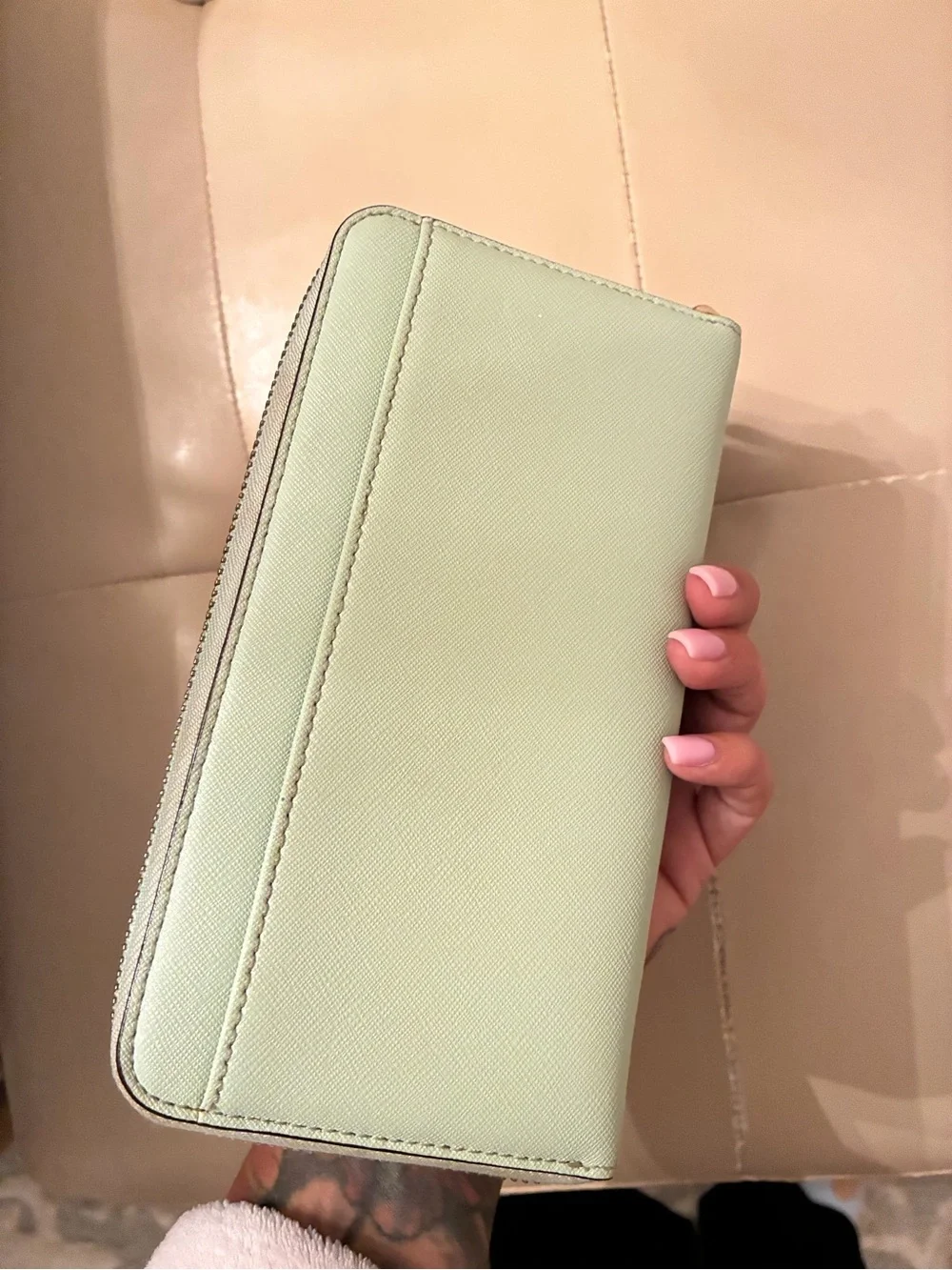 kate spade mint green zip-around leather wallet with gold logo